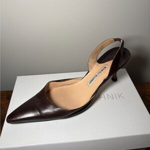 Manolo Blahnik Dark Brown Leather Pointed-Toe Slingback Pump